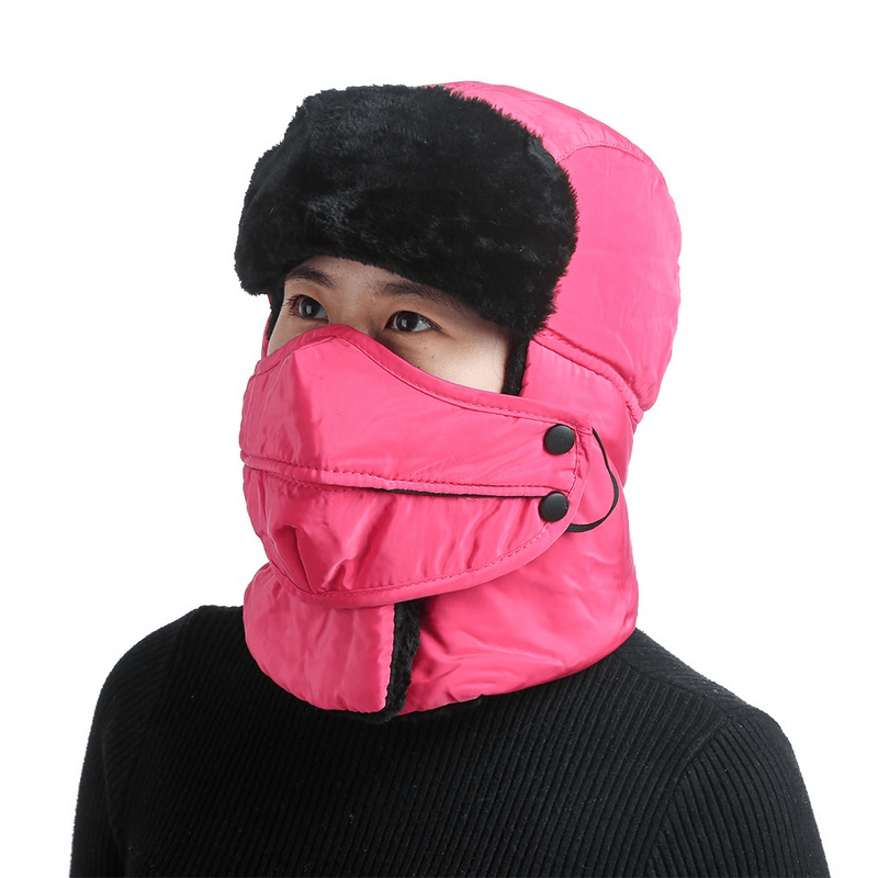 Unisex pink winter windproof ski cap with earflaps and closed neck for cold weather protection, SF0953.